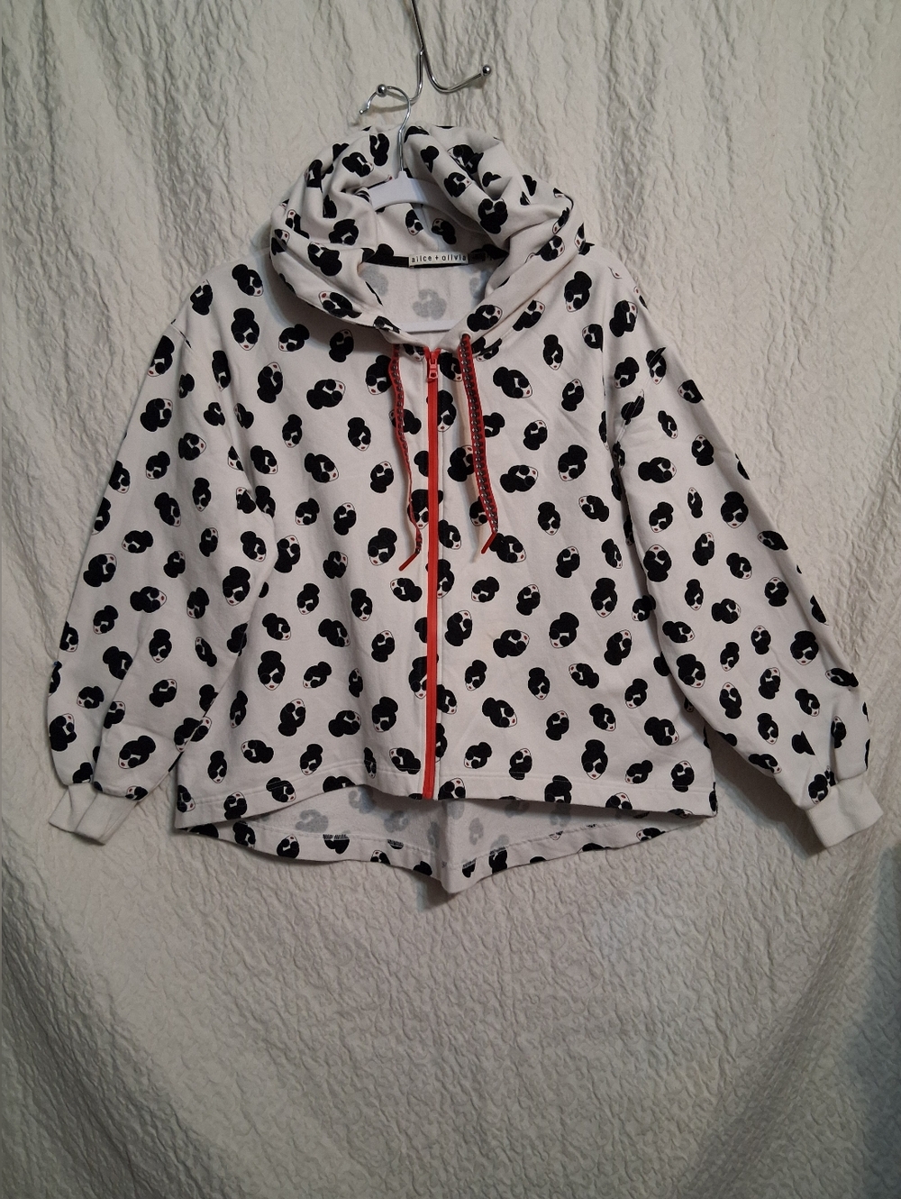 Womens Alice And Olivia White Hoodie with Black Print and Red Trim